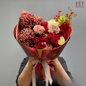 "Red & Pink Floral Bouquet with vibrant roses and carnations, perfect for romantic gifts, birthdays, and anniversaries from Fit Flowers."