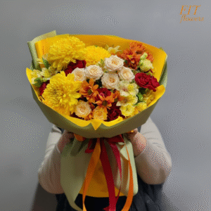 "Yellow Flower Bouquet with Fresh Roses, Chrysanthemums, and Ribbons – Delivered in Dubai"